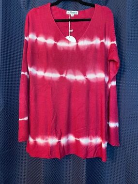 MACARON Pink and White Tie-Dye V-Neck Ribbed Long Sleeve Top